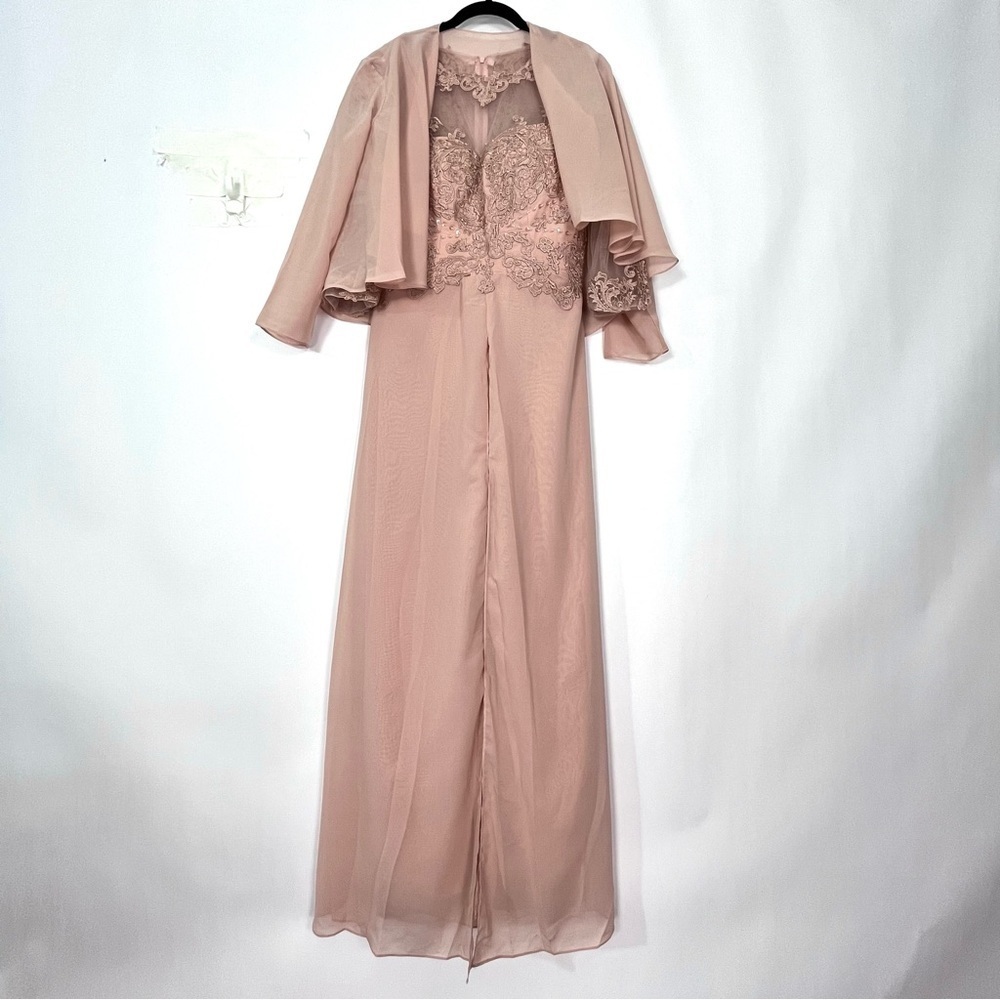 Dusty Rose Pants suit Jumper Romper with shrug Sheer Mesh Lace Top Sz 2 NWT - Picture 2 of 6